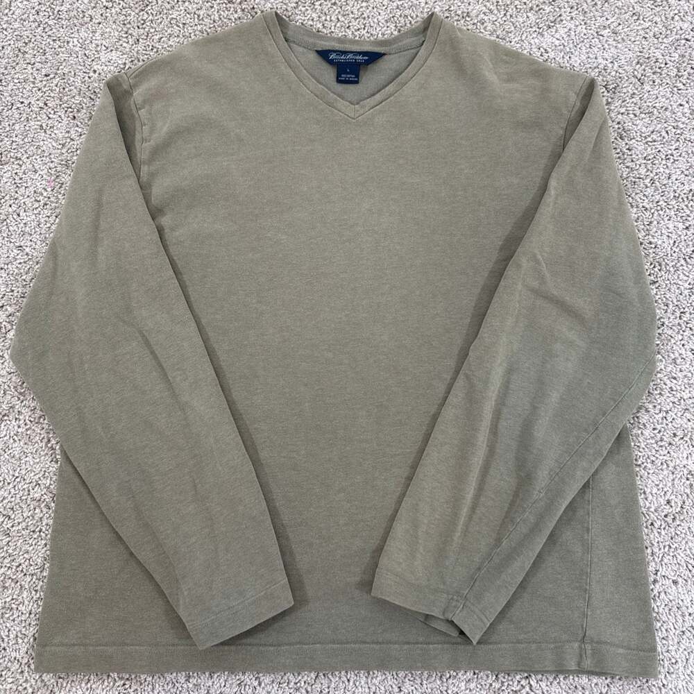 Vintage Brooks Brothers V Neck Shirt Mens L Olive Green Cotton Long Sleeve EUC